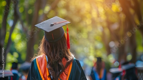 University graduates in graduation gowns and caps from behind during the commencement day.