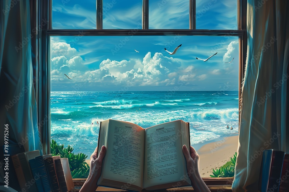 An unrecognized woman hand holding a open book over window with a sea beach view with a big space for text or product advertisement, Generative AI.