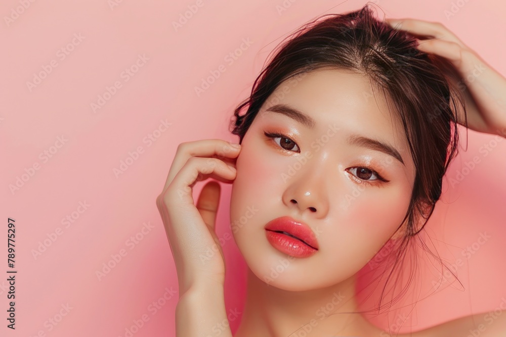 Young Asian beauty woman pulled back hair with korean makeup style touch her face and perfect skin on isolated pink background. Facial treatment, Cosmetology, plastic surgery - generative ai Young Asian beauty woman pulled back hair with korean makeup style touch her face and perfect skin on isolated pink background. Facial treatment, Cosmetology, plastic surgery - generative ai