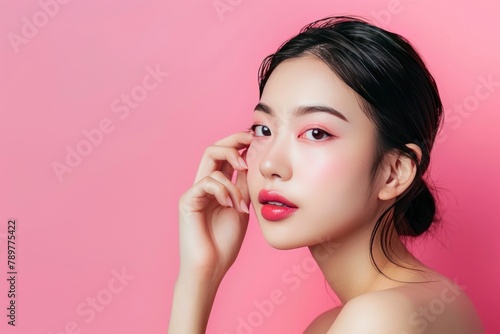 Young Asian beauty woman pulled back hair with korean makeup style touch her face and perfect skin on isolated pink background. Facial treatment, Cosmetology, plastic surgery - generative ai