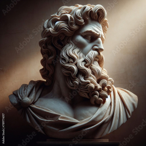 3D illustration of a Renaissance marble statue of Zeus, king of the gods, who was also the god of the sky and thunder, one of the Twelve Olympus in ancient Greek mythology. Statue of greek god. photo