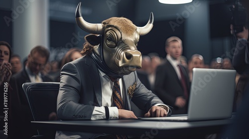 A man wearing a bull mask is sitting at a desk in a conference room. He is looking at his laptop. There are people sitting in the audience. photo