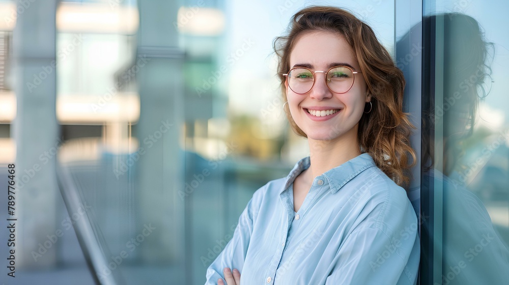 a smiling woman in casual shirt and glasses standing against modern office building, looking at camera with copy space. smiling young smart business concept. generative AI a smiling woman in casual shirt and glasses standing against modern office building, looking at camera with copy space. smiling young smart business concept. generative AI