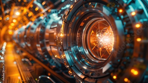 Detailed macro view of nuclear fusion reactor equipment revealing its complex inner workings and potential as a clean energy source