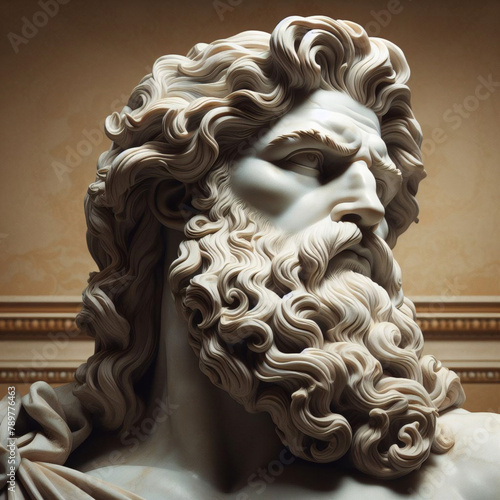 3D illustration of a Renaissance marble statue of Zeus, king of the gods, who was also the god of the sky and thunder, one of the Twelve Olympus in ancient Greek mythology. Statue of greek god. photo