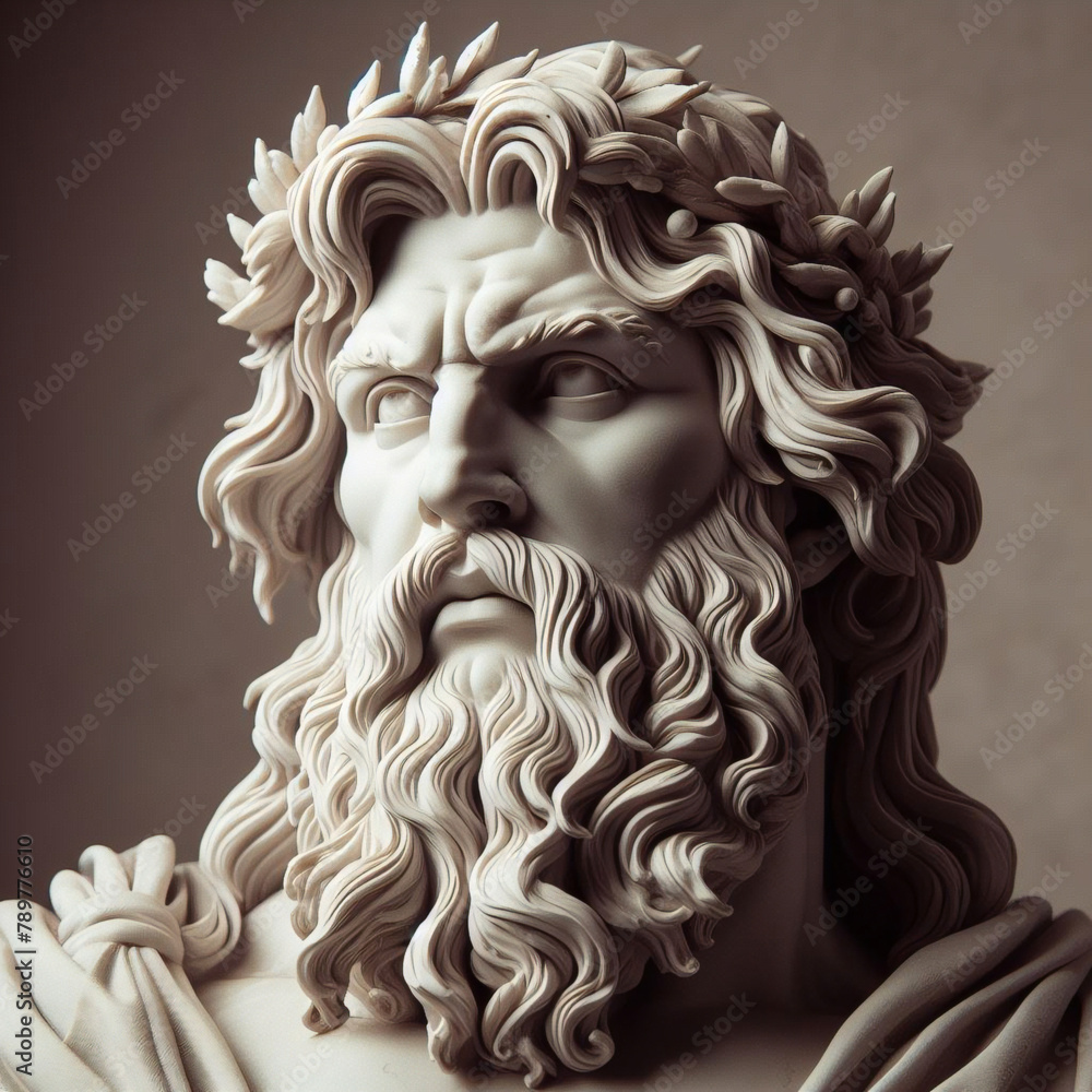 3D illustration of a Renaissance marble statue of Zeus, king of the gods, who was also the god of the sky and thunder, one of the Twelve Olympus in ancient Greek mythology. Statue of greek god. 3D illustration of a Renaissance marble statue of Zeus, king of the gods, who was also the god of the sky and thunder, one of the Twelve Olympus in ancient Greek mythology. Statue of greek god.