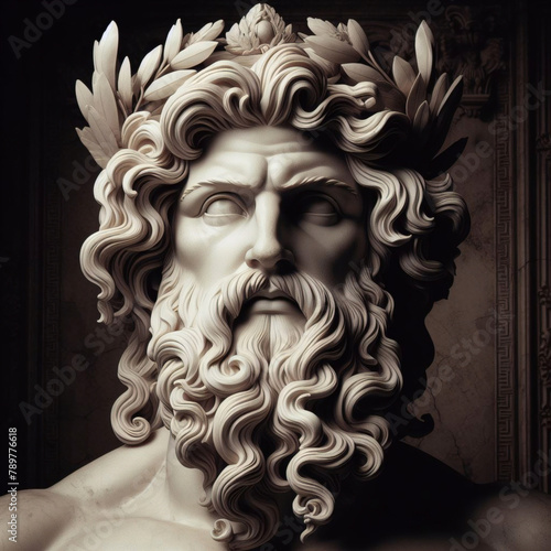 3D illustration of a Renaissance marble statue of Zeus, king of the gods, who was also the god of the sky and thunder, one of the Twelve Olympus in ancient Greek mythology. Statue of greek god. photo