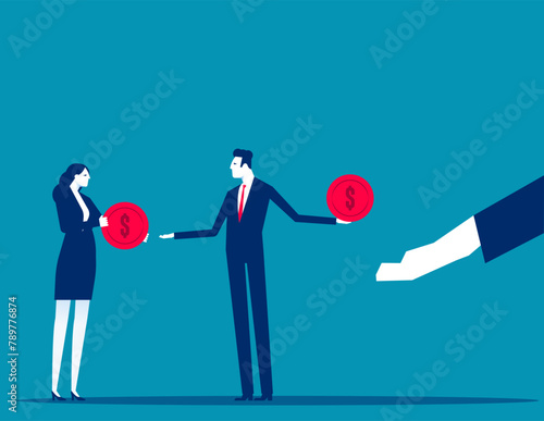 Business person salary get dollar coin and pay it for creditor debt. get Monthly income to pay for debt concept