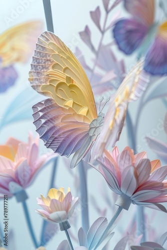 Whimsical paper garden, exquisite butterfly and floral sculptures. crafted with care, illustrating dreams and romance, perfect for banner displays with organic charm
