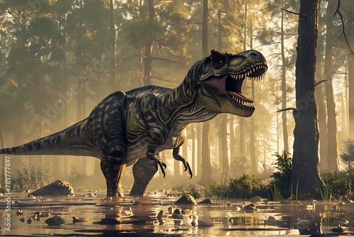 Tyrannosaurus rex scene 3D illustration. Tyrannosaurus rex hunting in forest scene 3D illustration .
