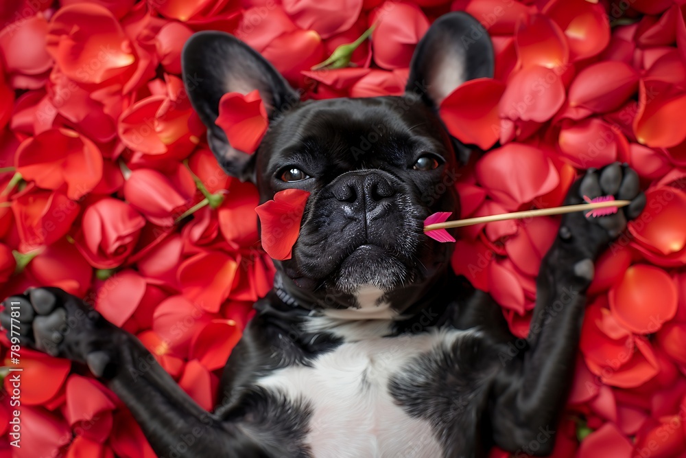 Valentines dog in love. French bulldog dog lying in bed full of red rose flower petals as background , in love on valentines day , with arrow in mouth and peace or victory fingers .