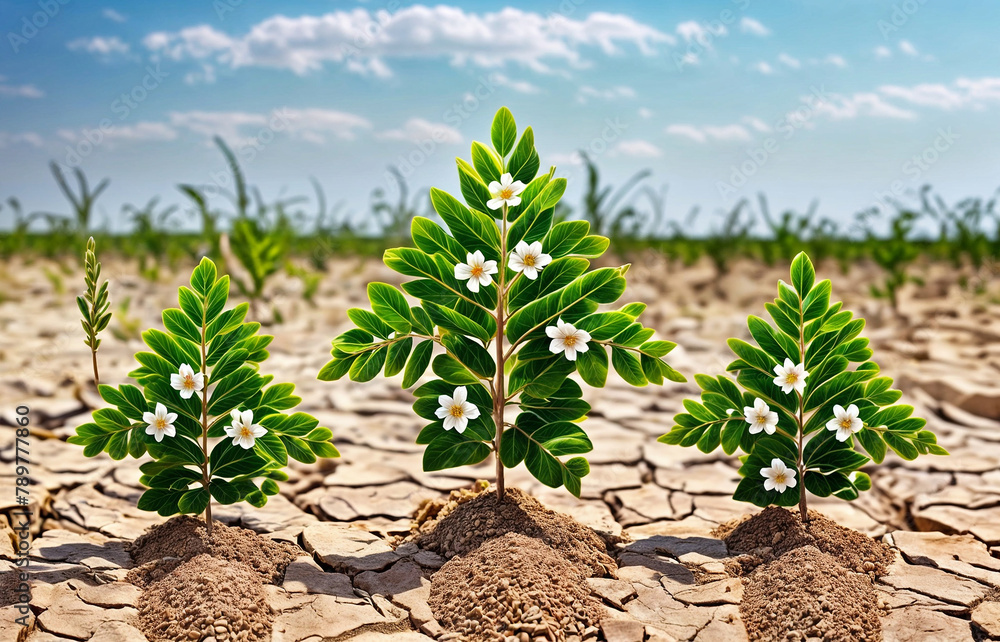 Three small plants in arrow shape growing out of the dirt, with each plant having a single white flower on it Three small plants in arrow shape growing out of the dirt, with each plant having a single white flower on it