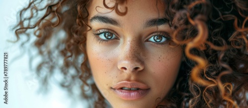 Close-up portrait of a woman showcasing her curly hair and captivating blue eyes photo