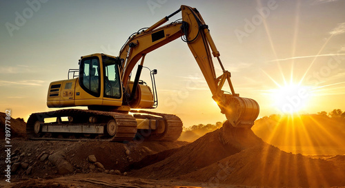 A large excavator is digging up a pile of dirt at a construction site, with the sun setting in the background. The excavator's bucket is positioned to scoop up more dirt
