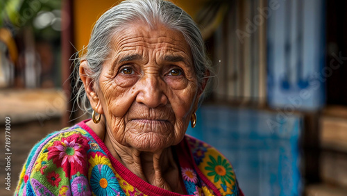 An elderly woman with gray hair and wrinkles on her face, wearing a colorful shawl sits outside, looking at the camera with her eyes open wide photo