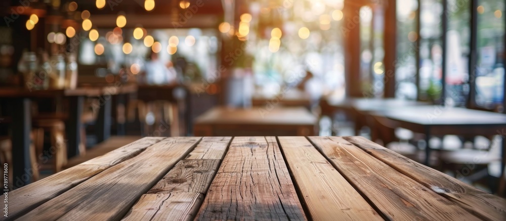 A close up of a wooden table in a restaurant with soft, blurred lights creating a cozy atmosphere A close up of a wooden table in a restaurant with soft, blurred lights creating a cozy atmosphere