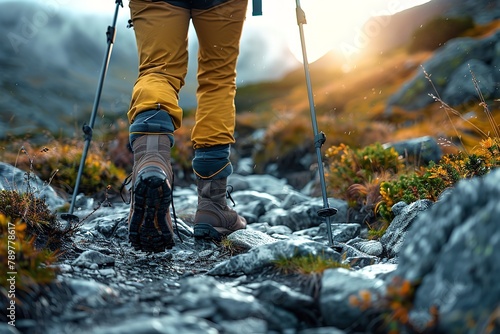 A hiker deploying trekking poles makes their way along some rough mountain pathway going towards the infinity of freedom and space, Generative AI. © Our Scrapbook