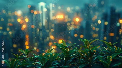 Amidst a bustling cityscape, futuristic planters sprout skyscrapers & artistic dreams Photography style, backlights illuminating the scene, highlighting the contrast between nature and urban life photo