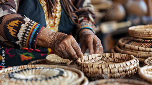 close up hands of Native American old woman weaving basket.