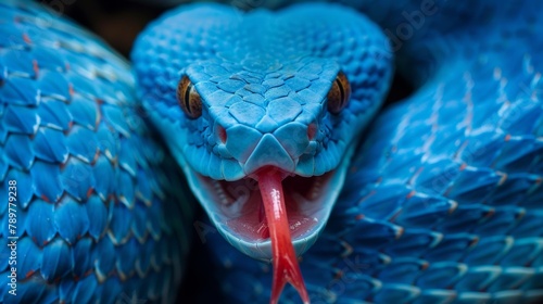 A blue viper snake with its red tongue curling up on a log