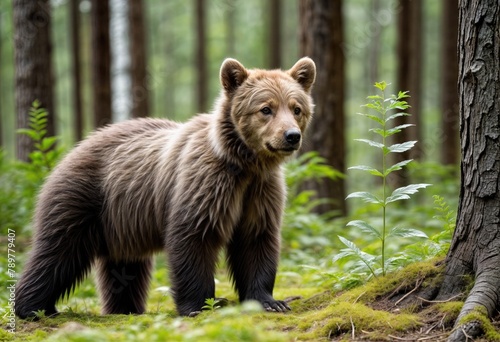 Brown Bear Cub Snacking on Blueberries in Finnish Forest