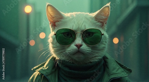 a anthropomorphic white cat wearing green sunglasses and a green jacket