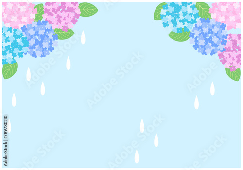 梅雨景色のあじさいフレーム背景13水色