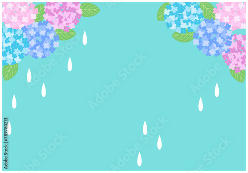 梅雨景色のあじさいフレーム背景13緑色