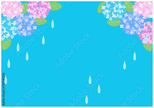 梅雨景色のあじさいフレーム背景13青色