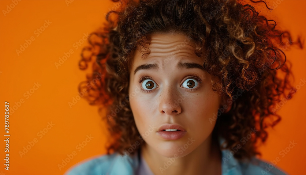 Terrified Expression: Close-Up Portrait of a Young Woman with Curly Hair Terrified Expression: Close-Up Portrait of a Young Woman with Curly Hair
