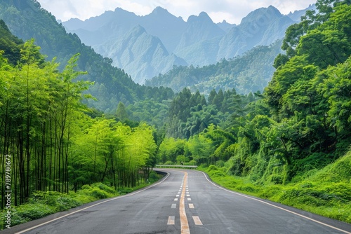Asphalt road and green forest with mountain nature landscape in Hangzhou  China - generative ai
