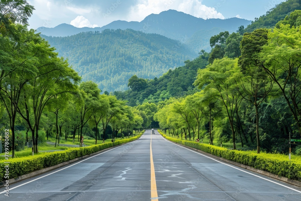 Asphalt road and green forest with mountain nature landscape in Hangzhou, China - generative ai