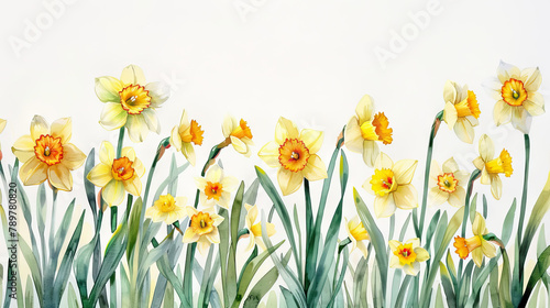 Wild daffodils Flowers field Watercolor on white Background with copy space.