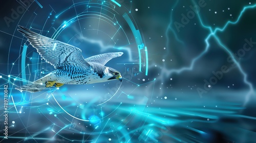 A falcon is precisely grilling a juicy steak on a lightning bolt during a thunderstorm