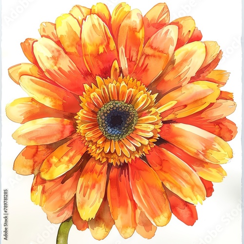 Watercolor sunshine  A gerbera daisy bursts forth in a radiant display  Orange petals encircle a bright yellow center  creating a cheerful scene on a white background.