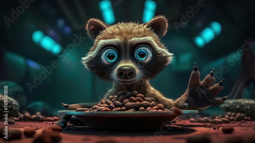 A mischievous raccoon is raiding a chocolate factory, stealing cocoa beans for a decadent chocolate mousse