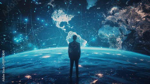 concept of the world of business finance business man with overlapping picture of world and capitals with financial graph. image from space furnished by NASA