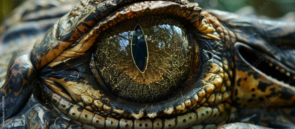 An up-close view capturing the detailed wrinkles around the eye of a crocodile in great detail An up-close view capturing the detailed wrinkles around the eye of a crocodile in great detail