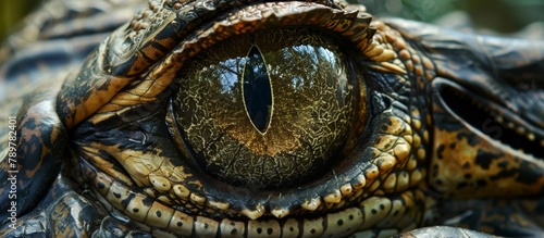 An up-close view capturing the detailed wrinkles around the eye of a crocodile in great detail © LukaszDesign