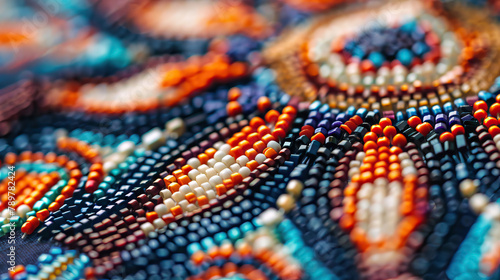 close up soft focus colorful native american traditional beadwork.