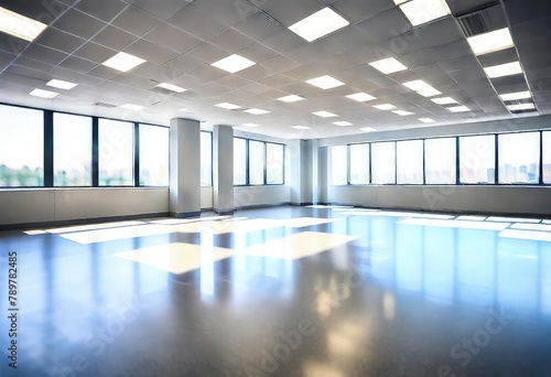 Empty office room featuring expansive glass windows, Modern empty office space with abundant natural light, Spacious office area with floor-to-ceiling windows.