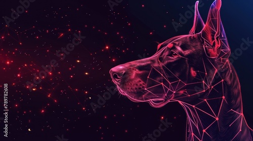 Doberman dog head from futuristic polygonal red lines and glowing stars for banner, poster, greeting card. AI generated