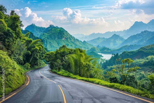 Asphalt road and green forest with mountain nature landscape in Hangzhou, China - generative ai