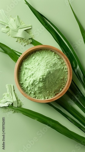 Flat lay extract pandan leaf flour green natural coloring ingredient for cooking photo