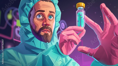 An astrophysicist securely holds a vial containing a rare isotope, its radioactive decay providing valuable insights into the origins of the universe, as they embark on a cosmic odyssey