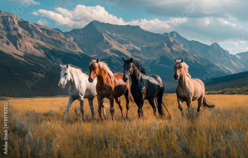 Herd of Horses Against Mountain Backdrop