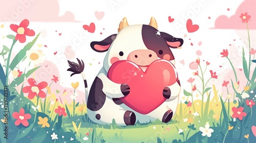 A delightful cartoon rendered illustration featuring a lovable cartoon cow character holding a heart photo