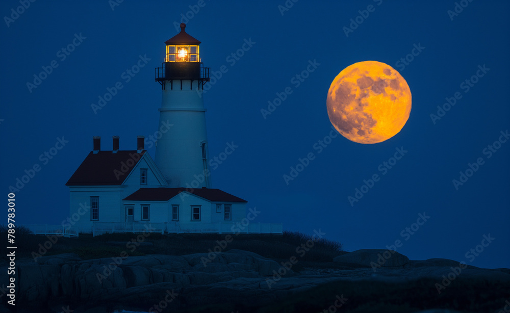 Full Moon Over Lighthouse on Rocky Coastline