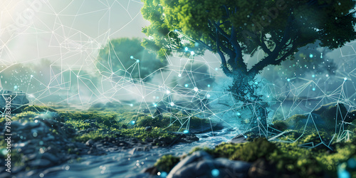 A serene forest scene with tall trees and a peaceful stream flowing through it, Represents using blockchain technology for traceability and transparency photo