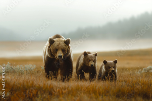 Mother Bear with Cubs in Misty Morning Field © Darya